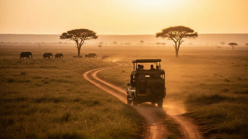 Safari-Jeep auf roter Erdpiste in der Maasai Mara mit Akazien und Elefanten