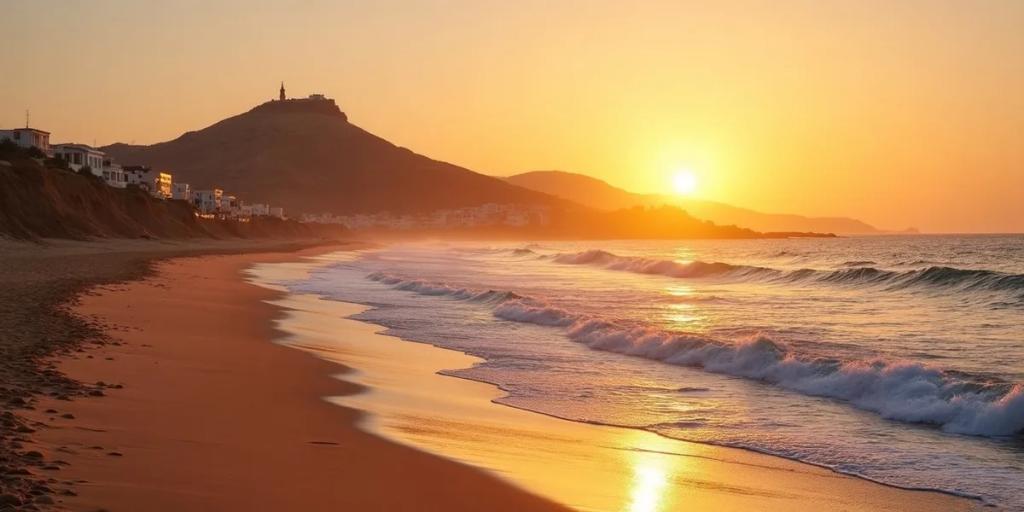 Strandpromenade von Agadir, die sich zum Yachthafen schwingt, dahinter der Kasbah-Hügel