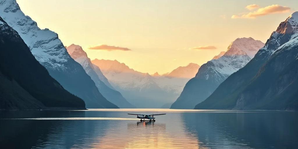 Kreuzfahrtschiff, winzig unter schneebedeckten Gipfeln in einem alaskischen Fjord zur goldenen Stunde