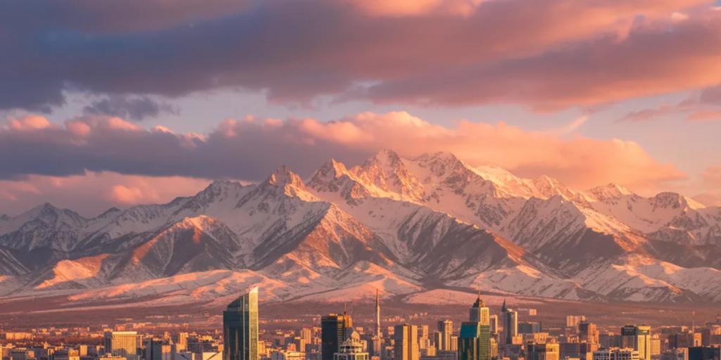 Straßen von Almaty mit den schneebedeckten Bergen des Tian Shan im Hintergrund