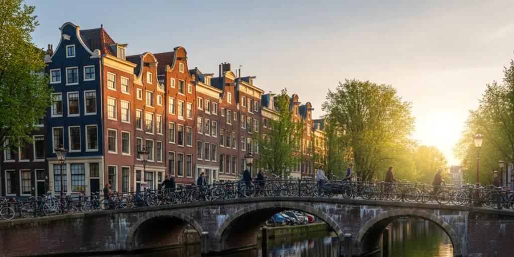 Amsterdamer Grachtenhäuser und geparkte Fahrräder, gespiegelt im stillen Grachtenwasser