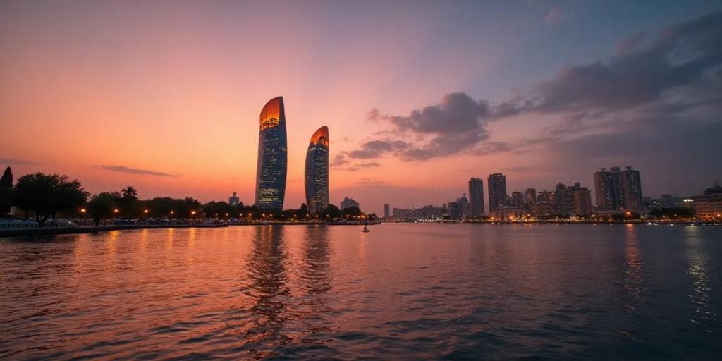 Bakus Flame Towers, die sich in der Dämmerung hinter den Steingassen der ummauerten Altstadt erheben