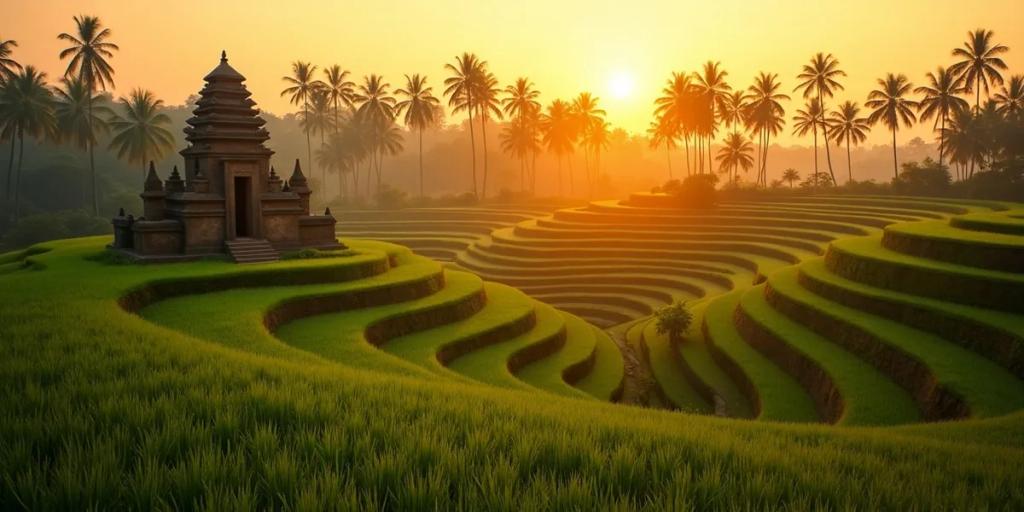 Terrassierte Reisfelder und Palmen nahe Ubud, Bali, im Licht des späten Nachmittags
