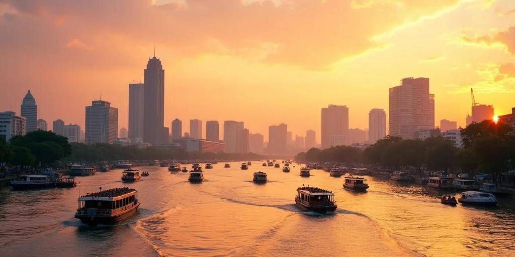 Bangkoks Skyline in der Dämmerung mit dem Chao-Phraya-Fluss und einem BTS-Skytrain, der ihn überquert