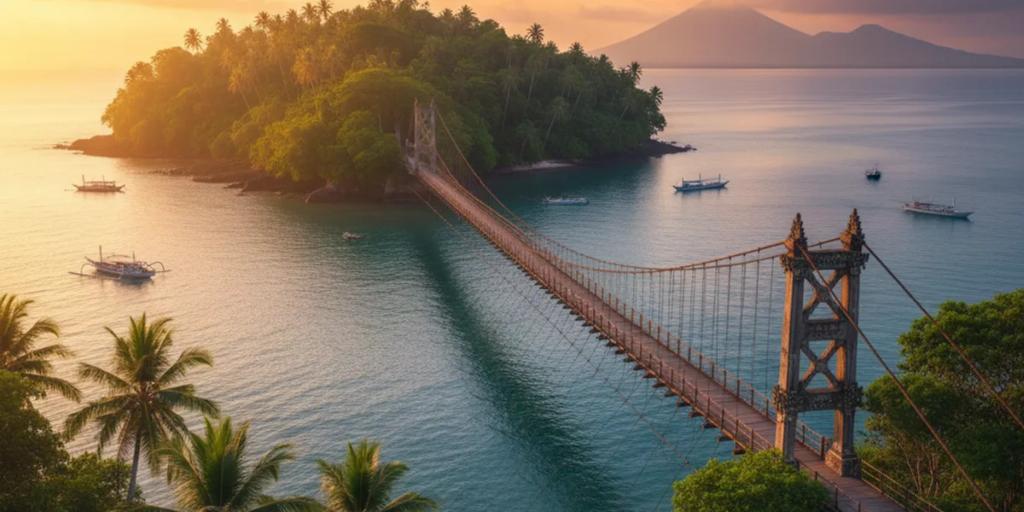 Boote, die bei Sonnenuntergang an einem Yachthafen in Batam vertäut sind, mit der glühenden Straße von Riau dahinter