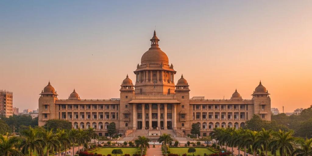 Die imposante Granitfassade des Vidhana Soudha erhebt sich über gepflegten Gärten in Bengaluru