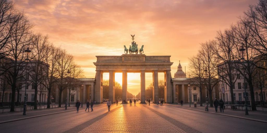 Das Brandenburger Tor im goldenen Abendlicht mit einem menschenleeren Pariser Platz davor