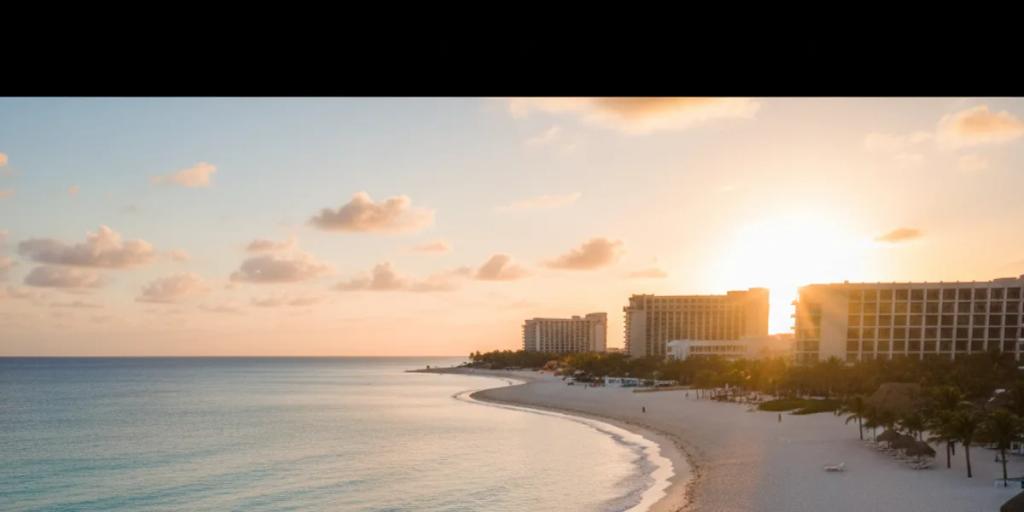 Der geschwungene Strand der Hotelzone von Cancún bei Sonnenaufgang, türkisfarbenes Karibikwasser trifft auf weißen Sand