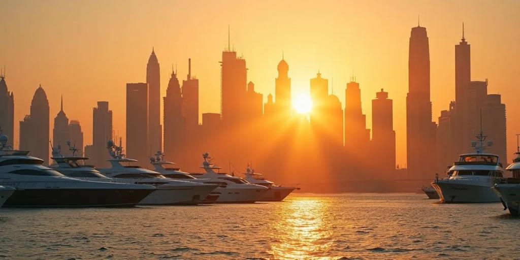 Dubais Skyline mit dem Burj Khalifa, der sich in der Abenddämmerung über Downtown erhebt