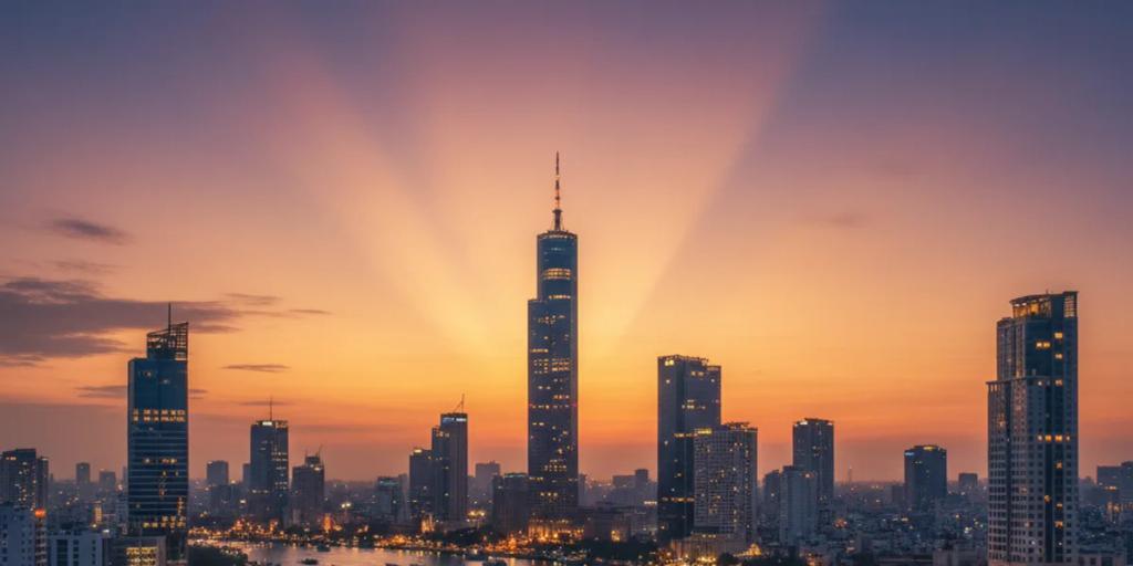 Skyline von Ho-Chi-Minh-Stadt mit dem Bitexco-Turm, der sich über dem Bootsverkehr auf dem Saigon-Fluss erhebt