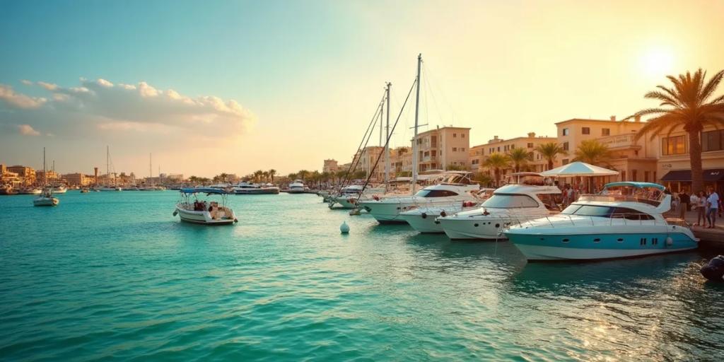 Hurghadas Marina am Roten Meer mit Tauchbooten, die entlang der Promenade festgemacht sind