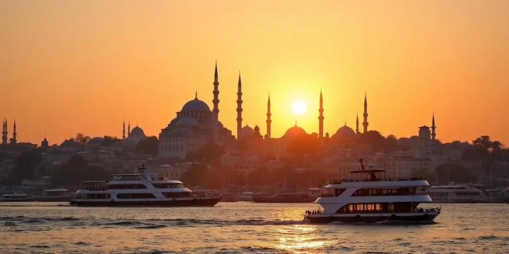 Istanbuls Bosporus in der Abenddämmerung, mit einer Stadtfähre, die zwischen dem europäischen und dem asiatischen Ufer übersetzt