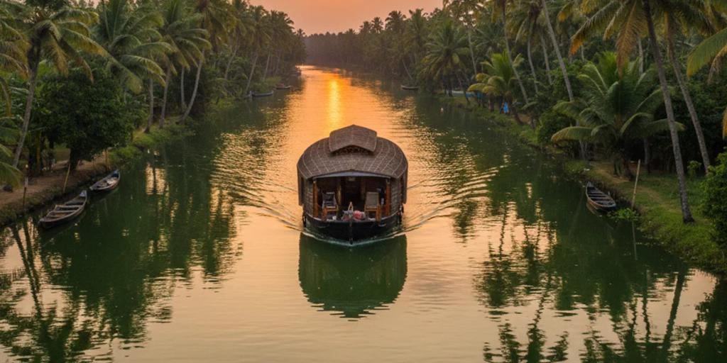 Ein traditionelles Hausboot aus Kerala gleitet bei Sonnenaufgang durch die von Palmen gesäumten Backwaters