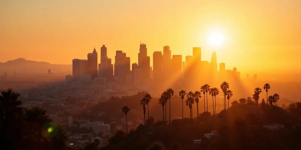 Autobahnkreuz in Los Angeles in der Abenddämmerung mit der Skyline von Downtown und Palmen