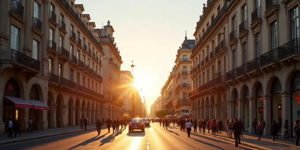 Die Gran Via in Madrid in der Abenddämmerung mit dem Metropolis-Gebäude und dem Abendverkehr