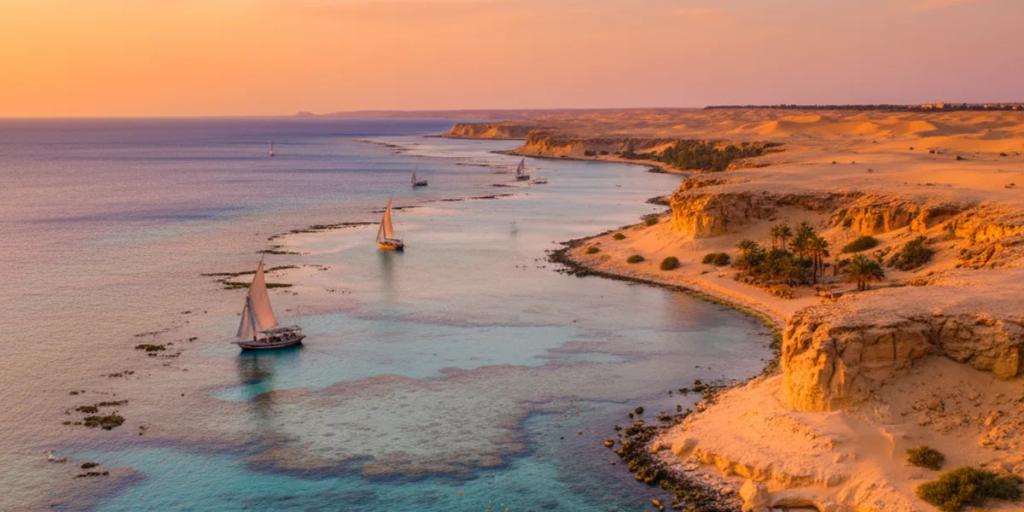 Türkisfarbene Rote-Meer-Lagune, wo flaches Riff auf die kahle Wüstenküste bei Marsa Alam trifft
