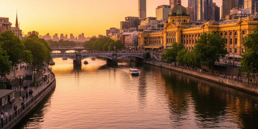 Der Yarra River und die Flinders Street Station, beleuchtet zur goldenen Stunde im Zentrum von Melbourne