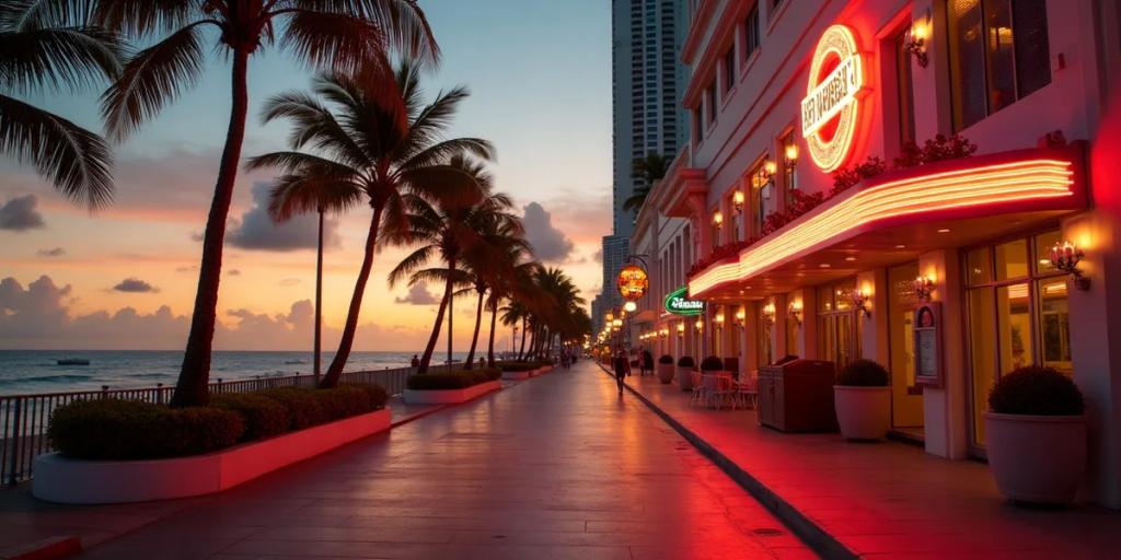 Art-déco-Fassaden am Ocean Drive und Palmen in Miami Beach im goldenen Abendlicht