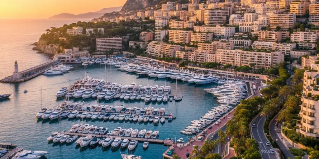 Superyachten drängen sich im Port Hercule unterhalb der Wohntürme am Hang von Monte Carlo