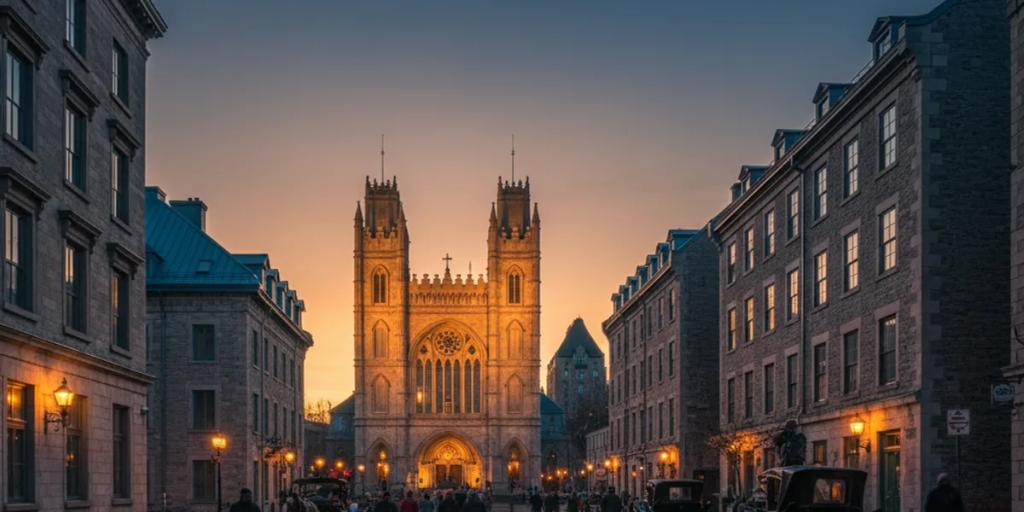 Kopfsteinpflasterstraße im alten Montreal, die zu den Zwillingstürmen der Notre-Dame-Basilika führt