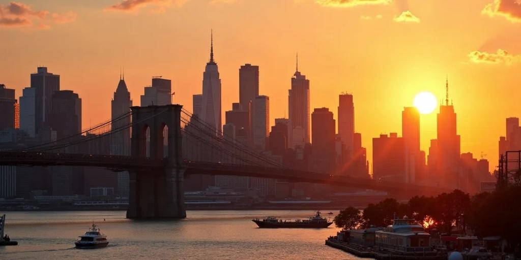 Skyline von Manhattan und belebter Zebrastreifen in der Dämmerung mit beleuchteten Reklametafeln
