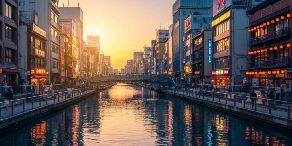 Der Dotonbori-Kanal bei Nacht, während sich Neonschilder im Wasser spiegeln