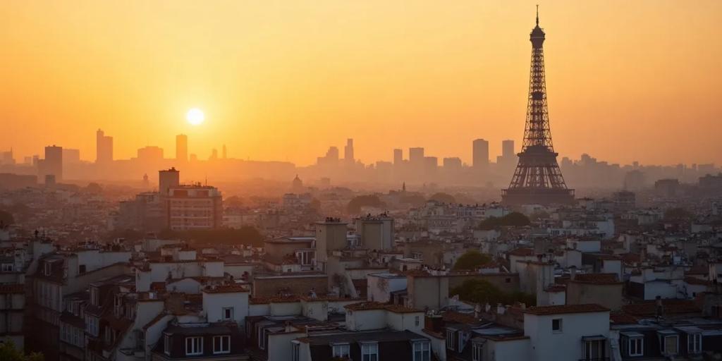 Pariser Dächer mit dem Eiffelturm, der sich in der Dämmerung über Haussmann-Fassaden erhebt