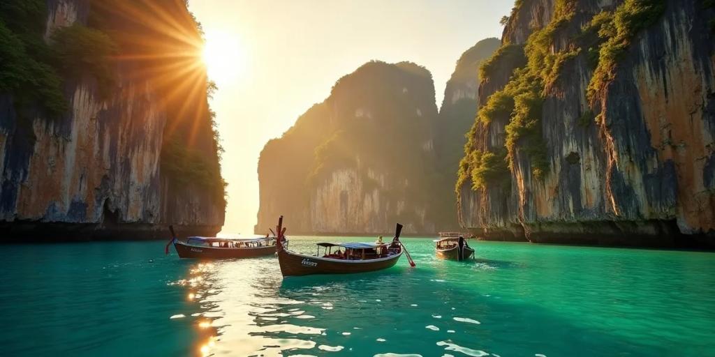 Longtail-Boote an einem Strand von Phuket mit grünen Landzungen zur goldenen Stunde