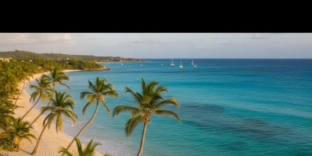 Palmen, die sich über einen weißen Sandstrand und türkisfarbenes Wasser in Punta Cana neigen