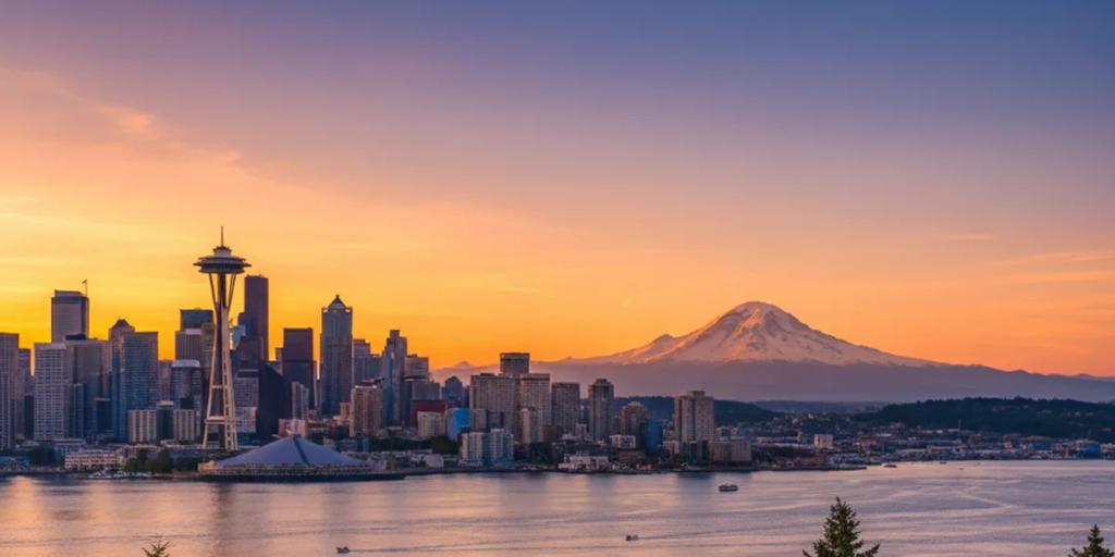 Die Space Needle über der Skyline von Seattle mit dem schneebedeckten Mount Rainier am Horizont