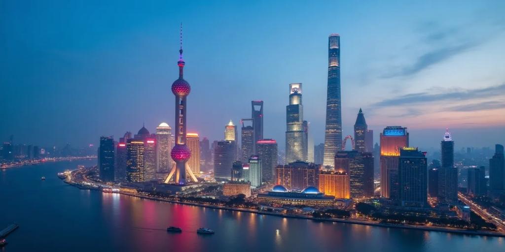 Die Skyline von Pudong mit dem Oriental Pearl Tower und dem Shanghai Tower, die sich in der Abenddämmerung über dem Huangpu-Fluss erleuchten
