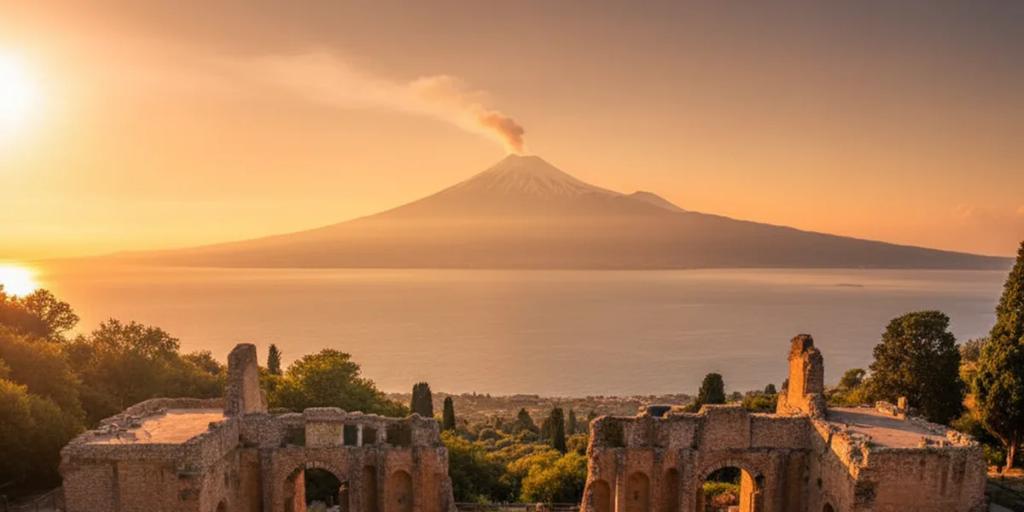 Das antike griechische Theater von Taormina mit dem rauchenden Ätna am Horizont hinter der Bühne
