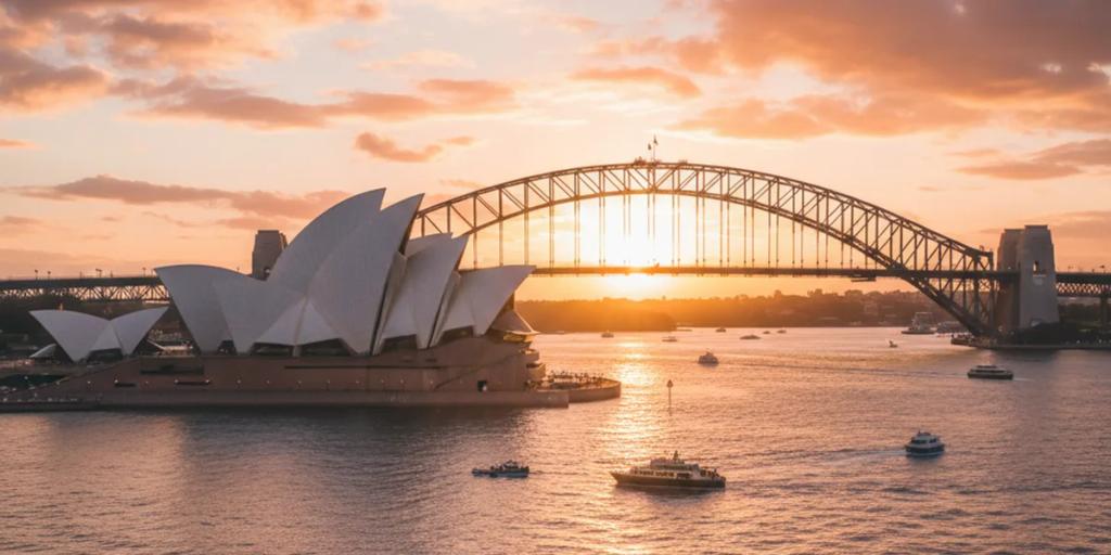 Sydney Opera House und Harbour Bridge, die zur goldenen Stunde über dem Wasser leuchten