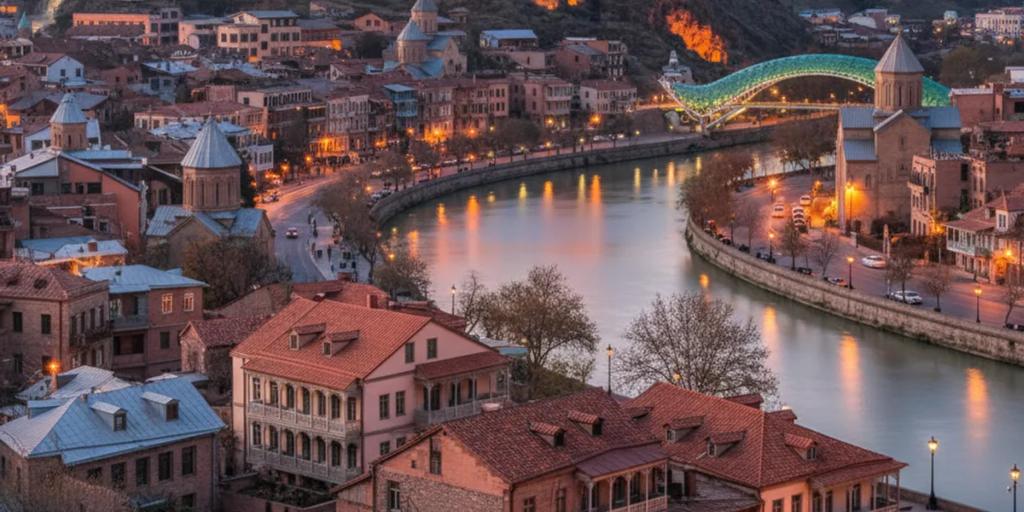 Geschnitzte Holzbalkone der Altstadt von Tiflis, gestapelt am Hang unterhalb der Festung Narikala