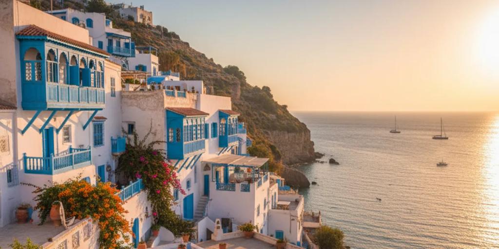 Die weiß-blauen Häuser von Sidi Bou Said hoch über dem Mittelmeer nahe Tunis