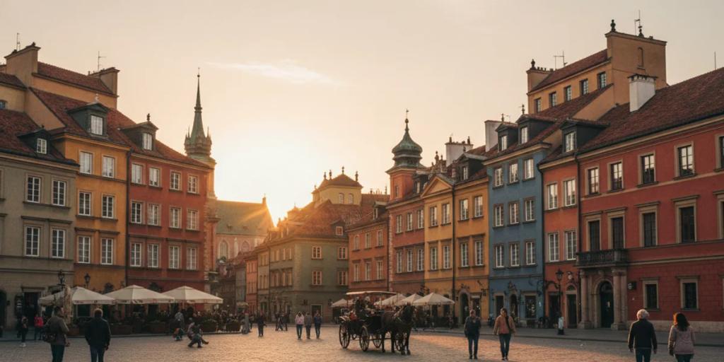 Bunte wiederaufgebaute Fassaden am Marktplatz der Warschauer Altstadt in warmem Licht