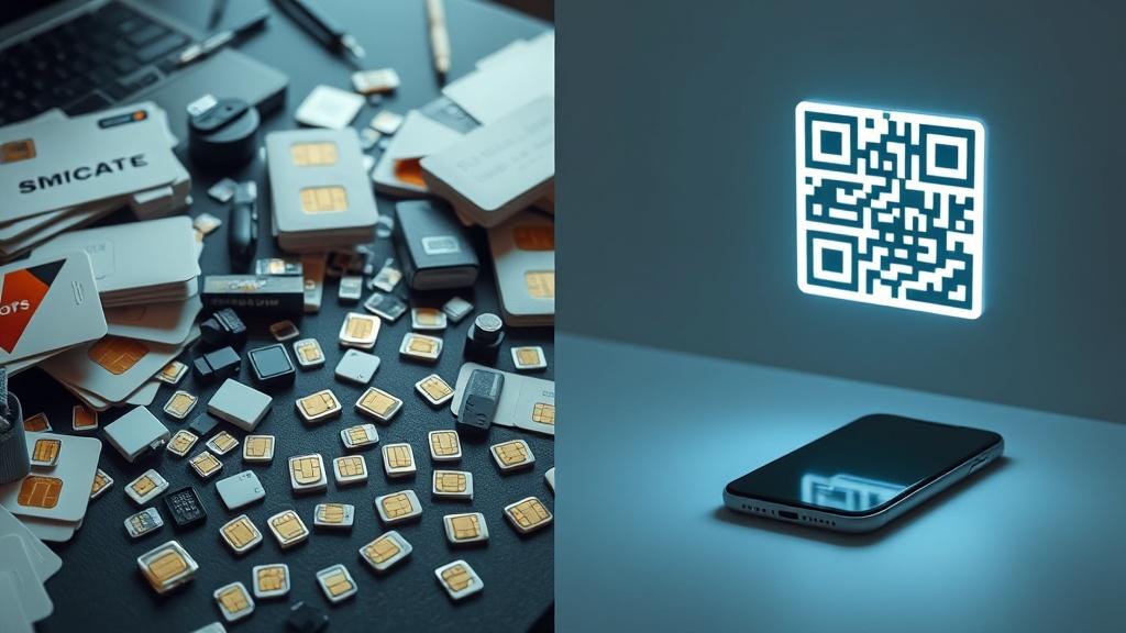 Physisches SIM-Chaos (links) vs. eSIM-Einfachheit (rechts).