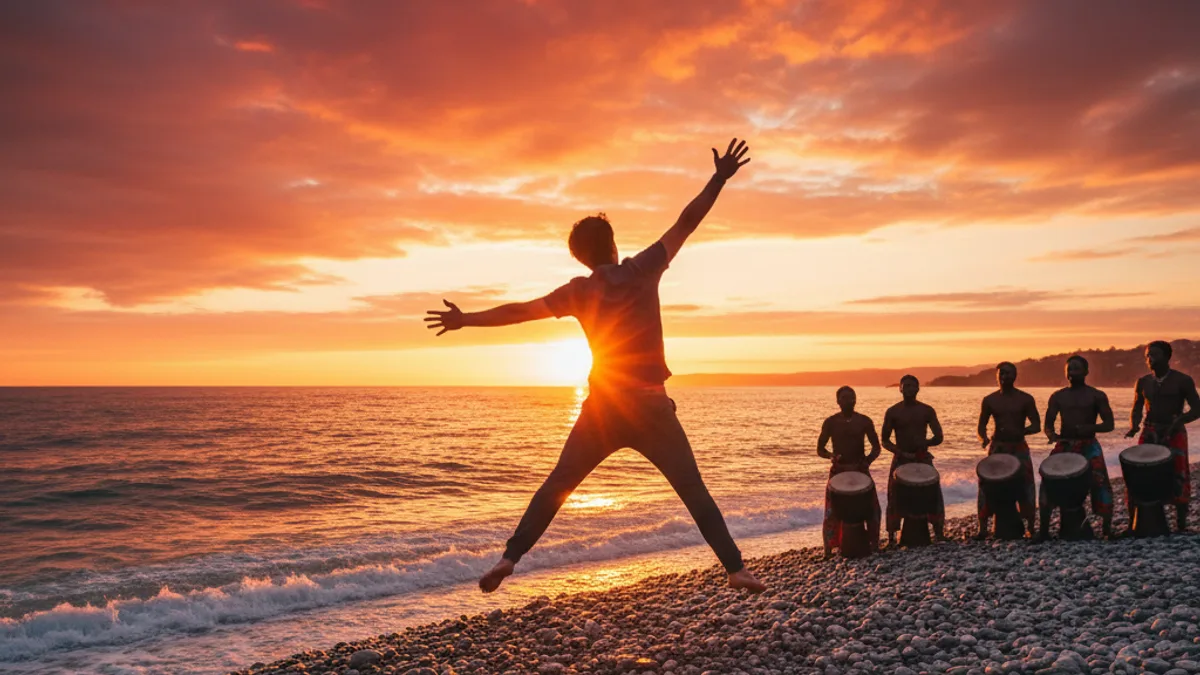 Person, die bei Sonnenuntergang am Strand von Benirras in die Luft springt, mit Trommlern als Silhouette dahinter