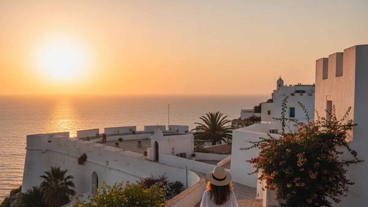Reisende in Weiß, die bei goldener Stunde die gepflasterten Wehrmauern von Dalt Vila hinaufgeht, vom Betrachter weg