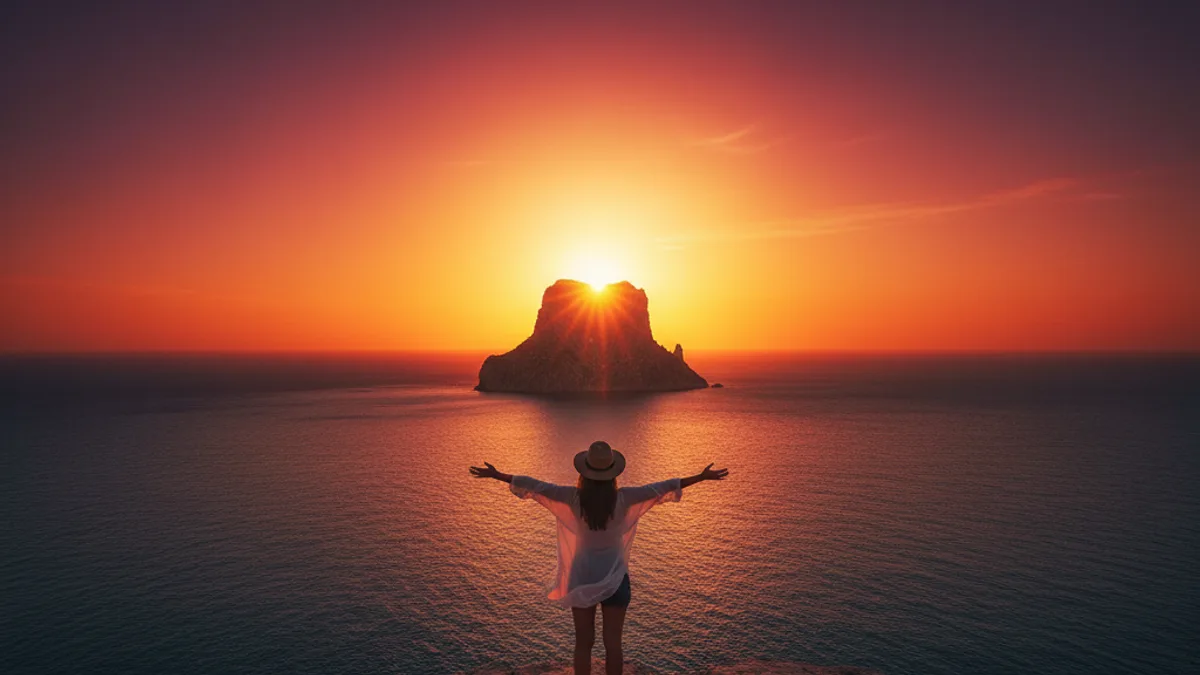 Reisende mit weit ausgebreiteten Armen, als Silhouette gegen den Sonnenuntergang hinter Es Vedra