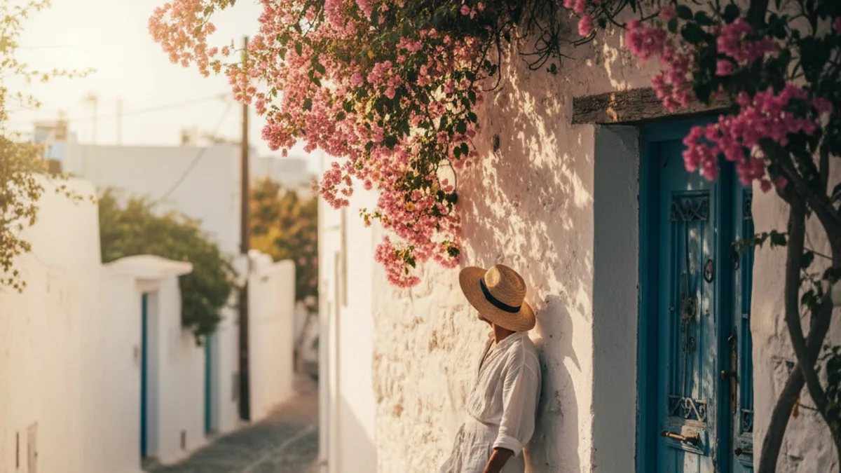 Reisende, die sich an eine weiß getünchte Wand neben einer von Bougainvillea umrahmten blauen Tür lehnt